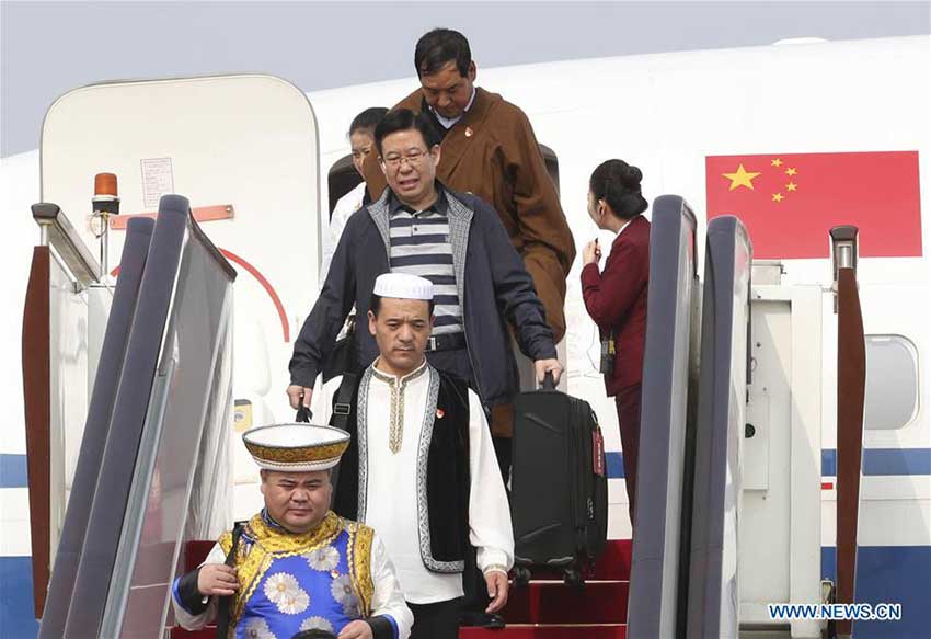 Delegates of Qinghai Province to the 19th National Congress of the Communist Party of China (CPC) arrive at Capital International Airport in Beijing, capital of China, Oct. 15, 2017. The congress will start on Oct. 18. (Xinhua/Xie Huanchi) 