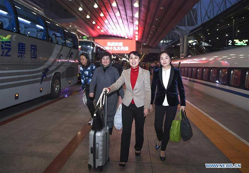 Delegates of Hubei Province to the 19th National Congress of the Communist Party of China (CPC) arrive in Beijing, capital of China, Oct. 15, 2017. The congress will start on Oct. 18. (Xinhua/Zhang Ling)