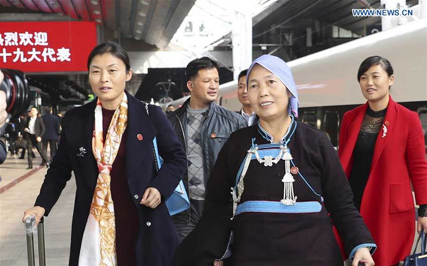 Delegates of Hunan Province to the 19th National Congress of the Communist Party of China (CPC) arrive in Beijing, capital of China, Oct. 16, 2017. The congress will start on Oct. 18 in Beijing. (Xinhua/Ding Haitao)