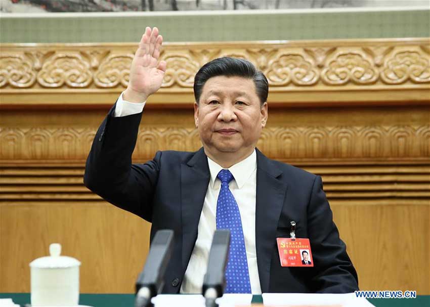 Xi Jinping is present at the first meeting of the presidium of the 19th National Congress of the Communist Party of China (CPC) at the Great Hall of the People in Beijing, capital of China, Oct. 17, 2017. (Xinhua/Lan Hongguang) 