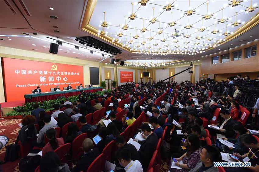The press center of the 19th National Congress of the Communist Party of China (CPC) holds a press conference on promoting ideological, moral and cultural progress, in Beijing, capital of China, Oct. 20, 2017. (Xinhua Photo)