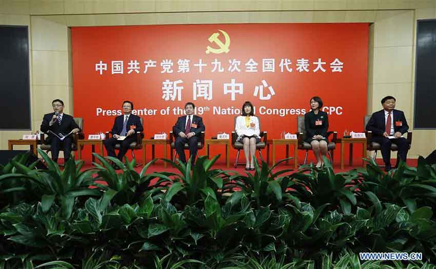 The press center of the 19th National Congress of the Communist Party of China (CPC) holds a group interview on innovation in agricultural science and technology in Beijing, capital of China, Oct. 21, 2017. (Xinhua/Zhang Yuwei)