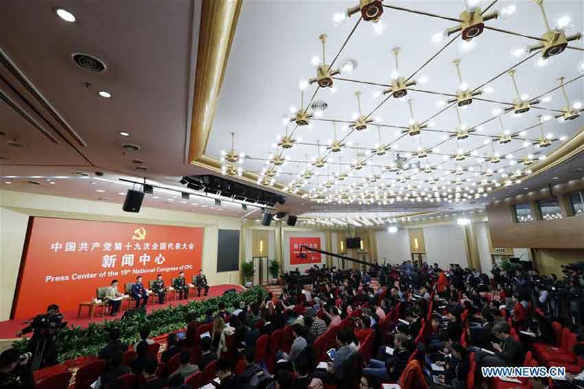 The press center of the 19th National Congress of the Communist Party of China (CPC) holds a group interview on "solid strides on the path of building a powerful military with Chinese characteristics" in Beijing, capital of China, Oct. 22, 2017. (Xinhua/Shen Bohan)