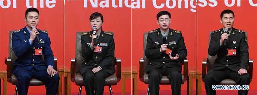 Combo photo taken on Oct. 22, 2017 shows a group interview on "solid strides on the path of building a powerful military with Chinese characteristics", held by the press center of the 19th National Congress of the Communist Party of China (CPC) in Beijing, capital of China, Oct. 22, 2017. Liu Rui (from L to R), an aviation regiment commander of the People's Liberation Army (PLA) Air Force, Liu Fang, a staff officer of the Office for International Military Cooperation of the Central Military Commission, Wang Feixue, a professor from the National University of Defense Technology, and Wang Rui, a commander of an armored amphibious assault vehicle of a combined arms brigade in the 74th Army corps of the PLA, were present at the group interview. (Xinhua/Chen Yehua)