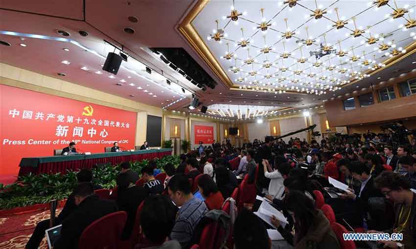 The press center of the 19th National Congress of the Communist Party of China (CPC) holds a press conference on pursuing green development and building beautiful China, in Beijing, capital of China, Oct. 23, 2017. Chinese Minister of Environmental Protection Li Ganjie, and Yang Weimin, deputy director of the Office of the Central Leading Group on Financial and Economic Affairs attended the press conference. (Xinhua/Shen Hong)