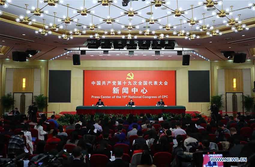 The press center of the 19th National Congress of the Communist Party of China (CPC) holds a press conference on pursuing green development and building beautiful China, in Beijing, capital of China, Oct. 23, 2017. Chinese Minister of Environmental Protection Li Ganjie, and Yang Weimin, deputy director of the Office of the Central Leading Group on Financial and Economic Affairs attended the press conference. (Xinhua/Shen Hong)