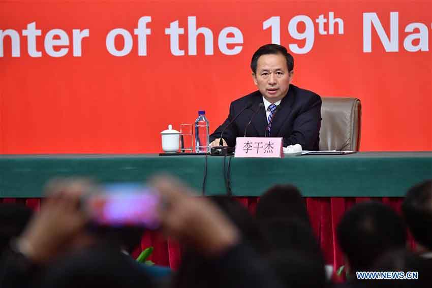 Chinese Minister of Environmental Protection Li Ganjie speaks at a press conference held by the press center of the 19th National Congress of the Communist Party of China (CPC) in Beijing, capital of China, Oct. 23, 2017. The press conference was themed on pursuing green development and building beautiful China. (Xinhua/Li Xin)